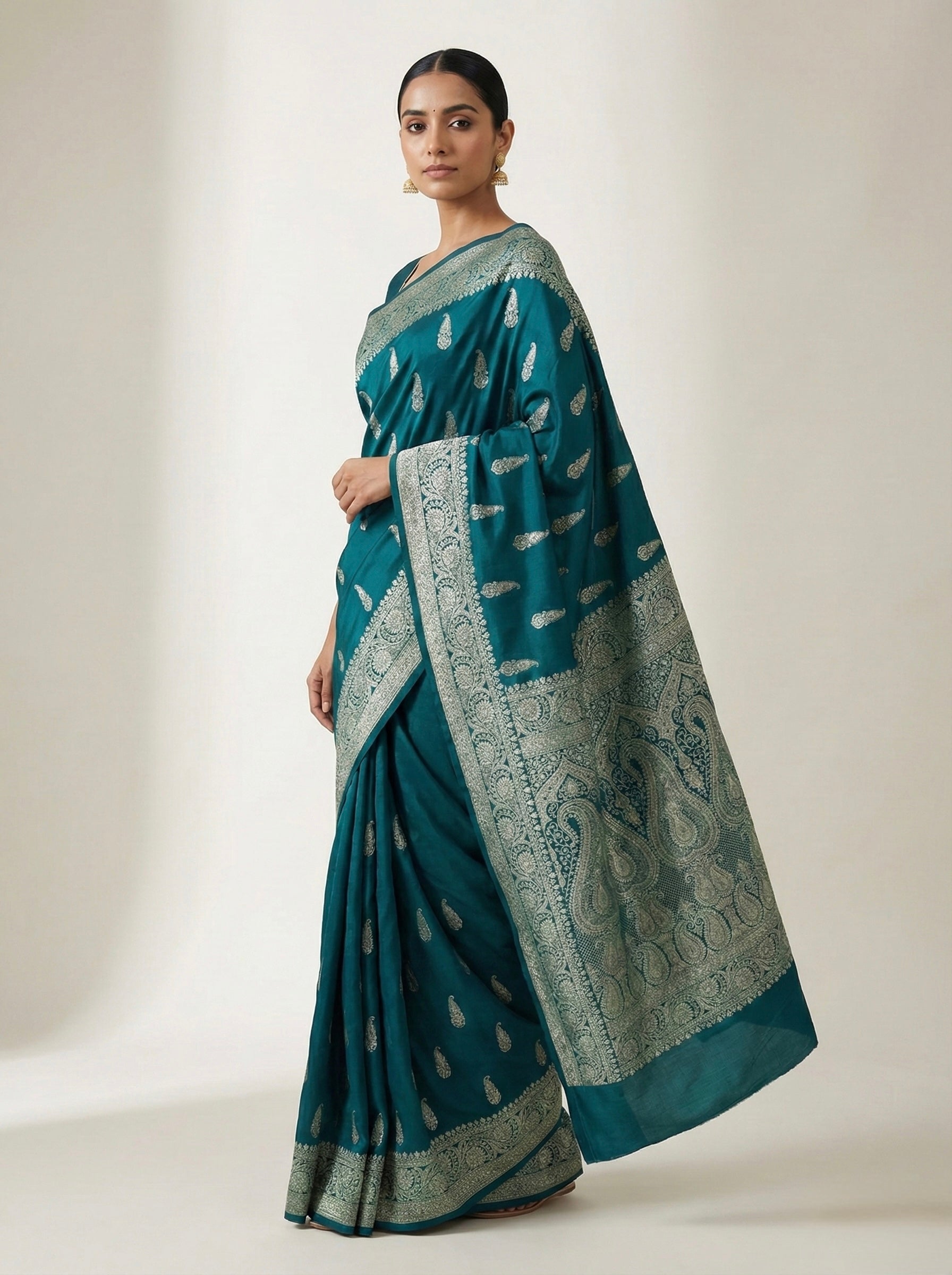 Peacock Teal Banarasi Mashru Katan Silk Saree