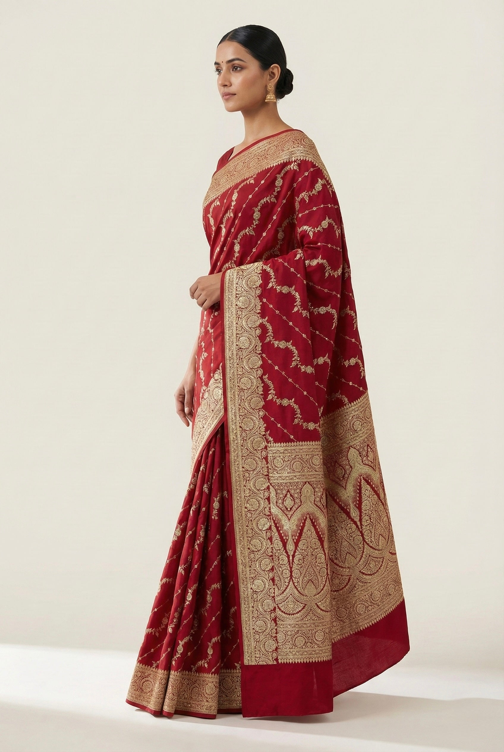 Deep Red Banarasi Mashru Katan Silk Saree