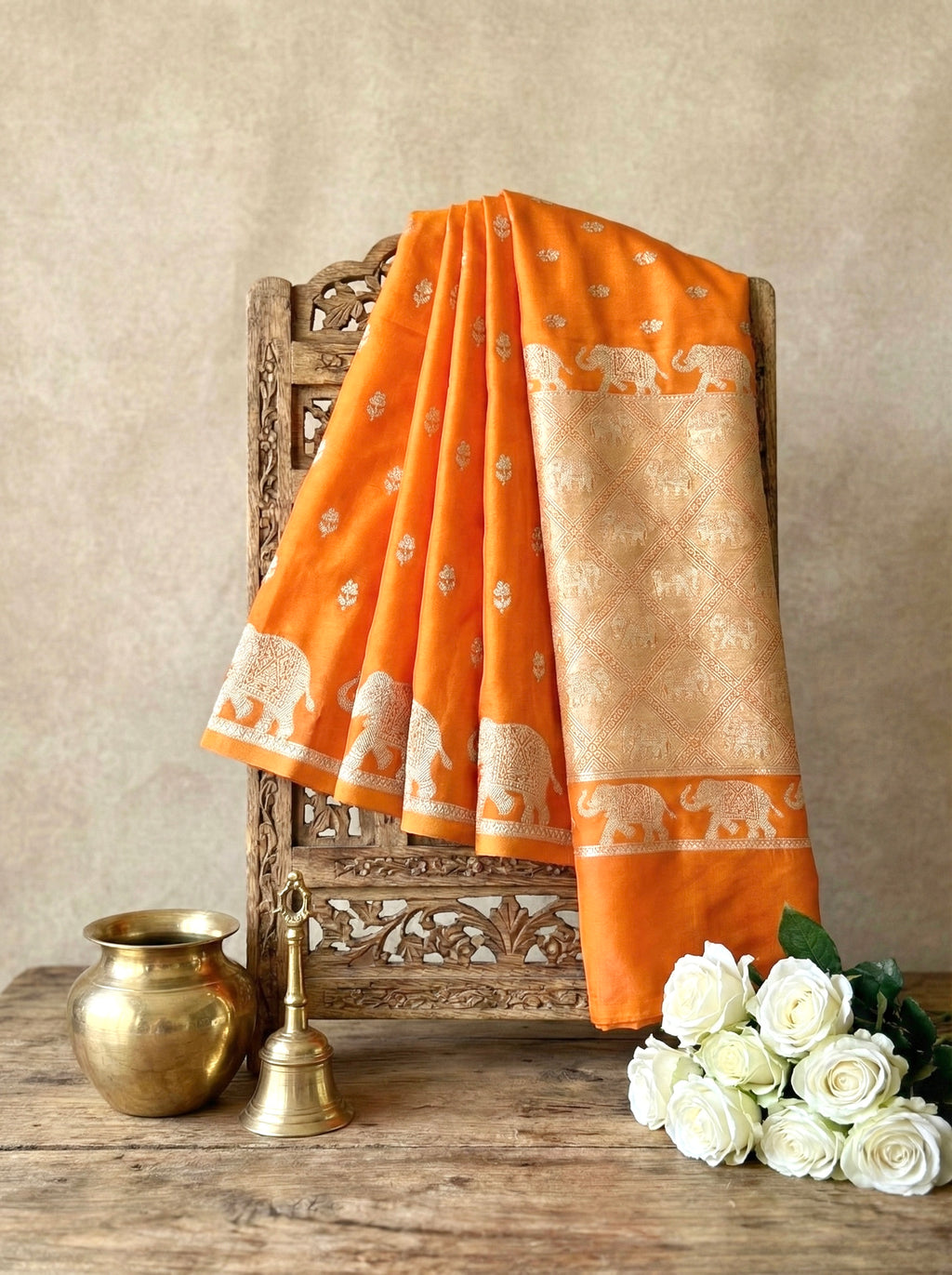 Handwoven Orange Banarasi Ahinsa Silk Saree