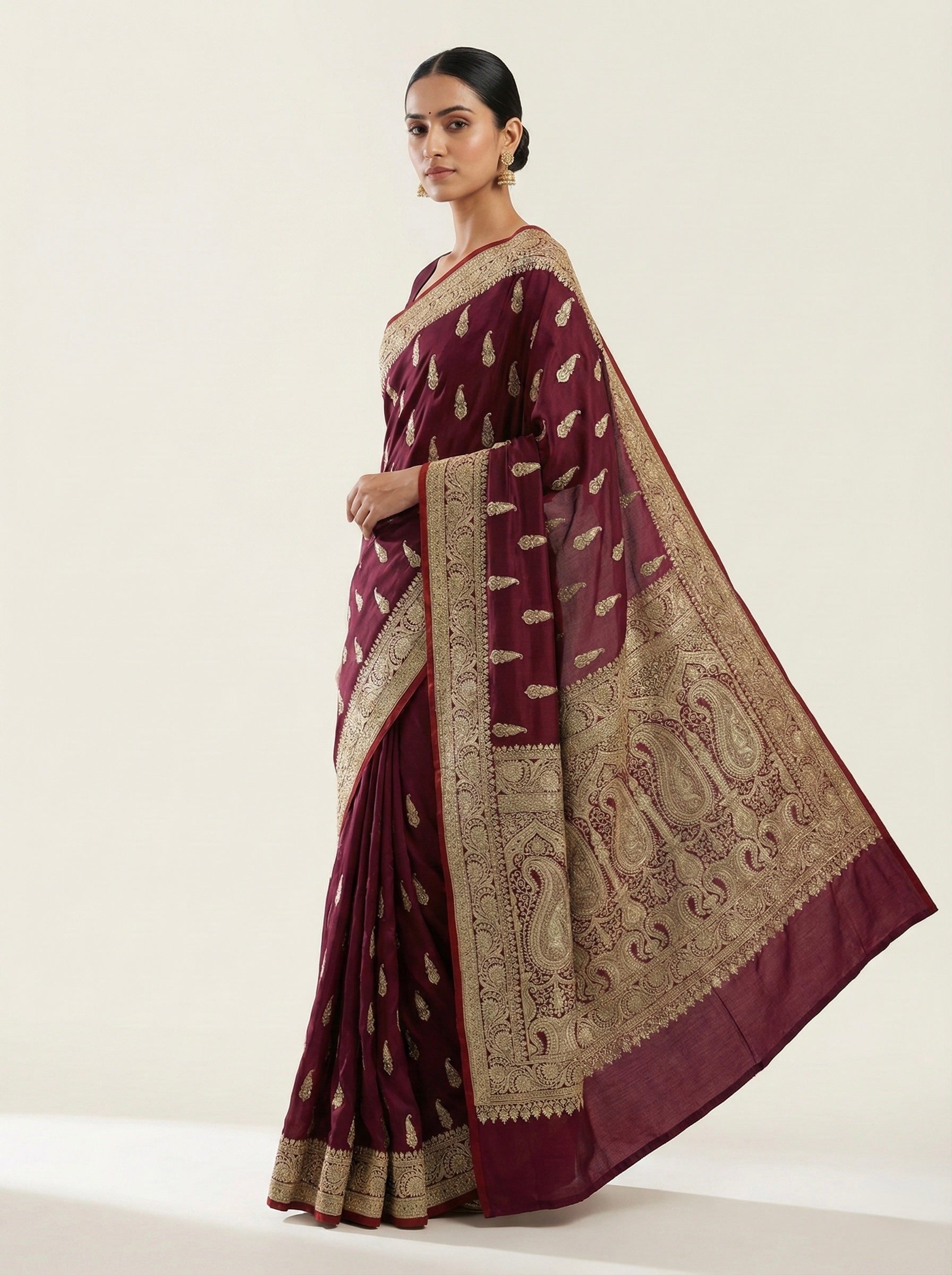 Wine Maroon Banarasi Mashru Katan Silk Saree