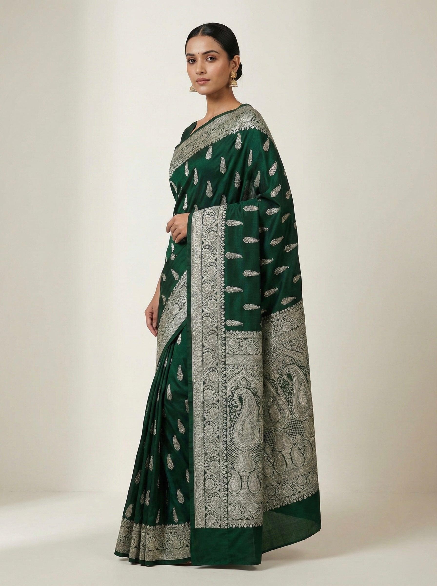 Deep Emerald Green Banarasi Mashru Katan Silk Saree