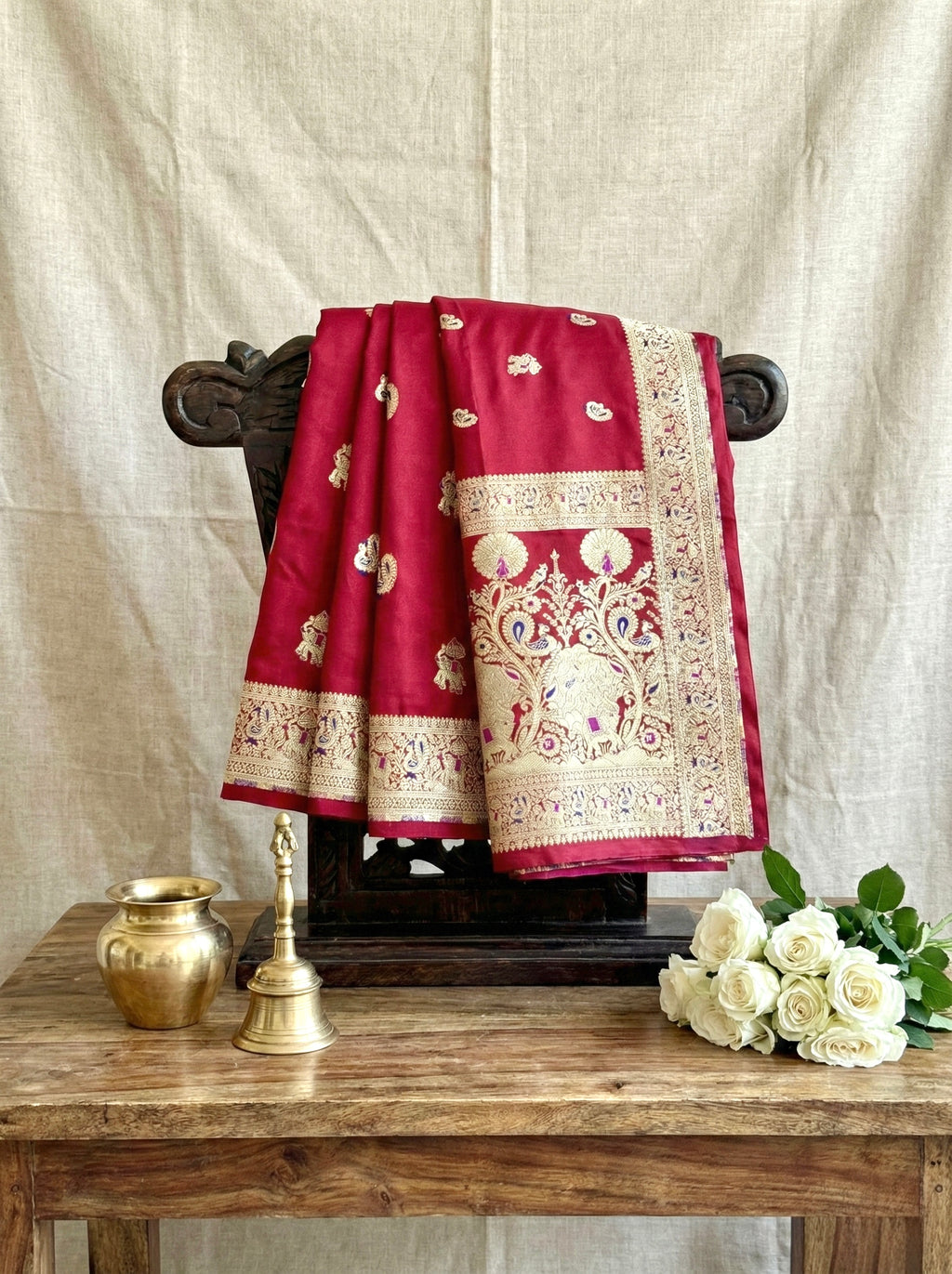Handwoven Maron Banarasi Ahinsa Silk Saree