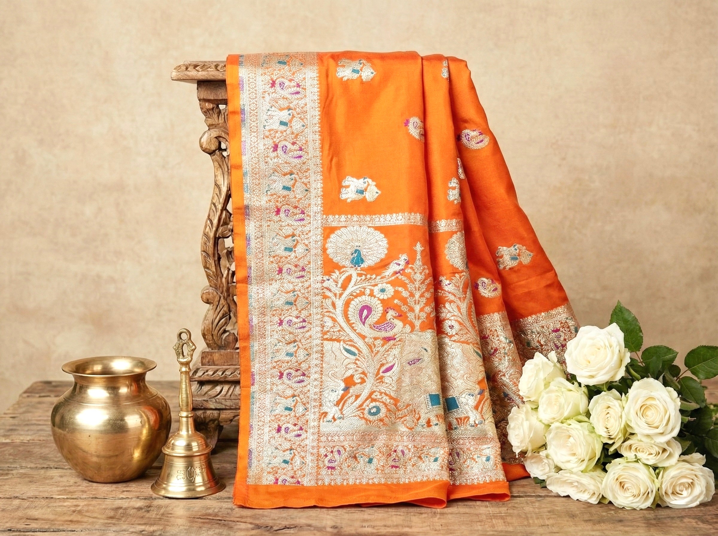 Handwoven Orange Banarasi Ahinsa Silk