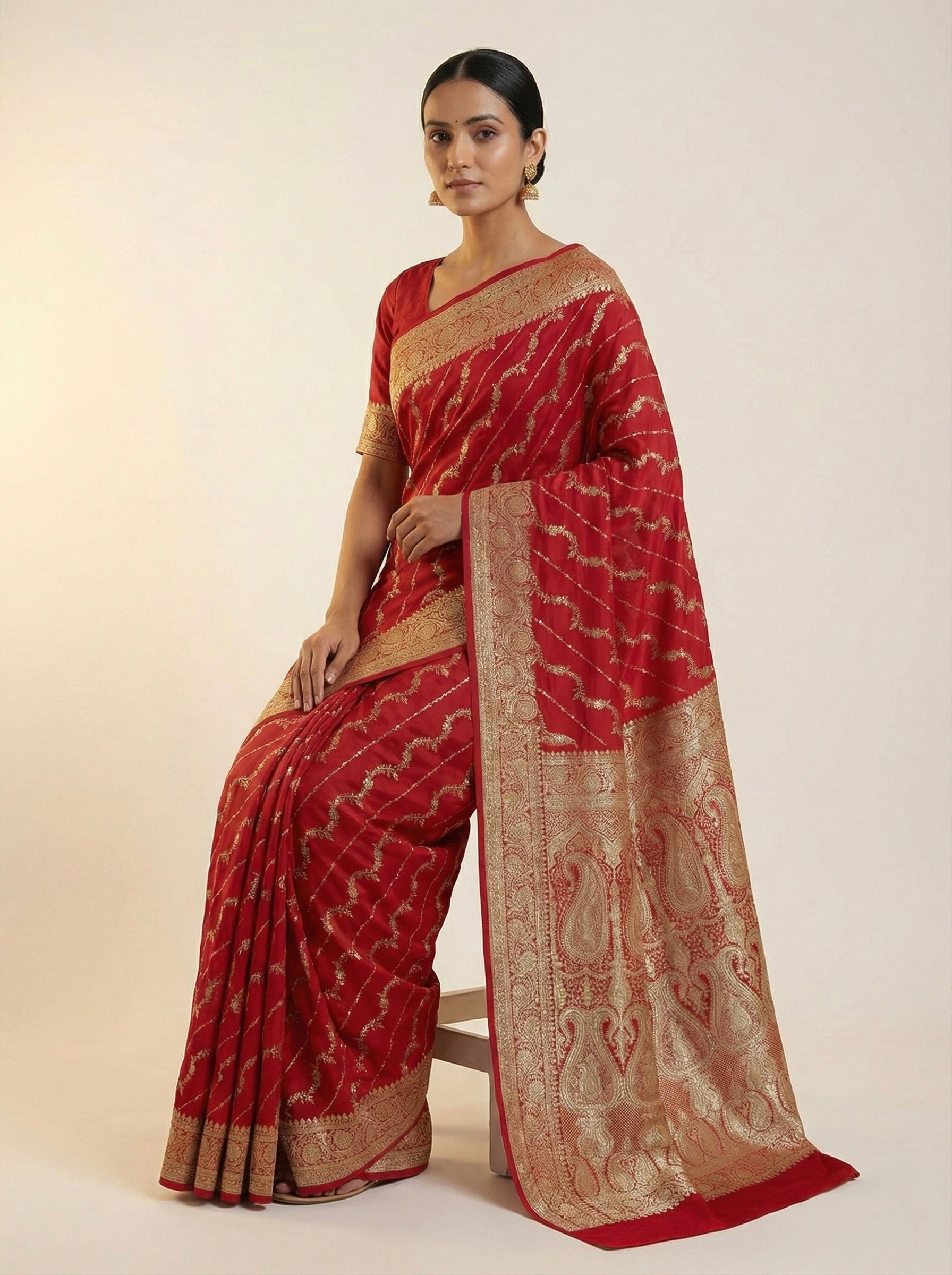 Crimson Red Banarasi Mashru Katan Silk Saree