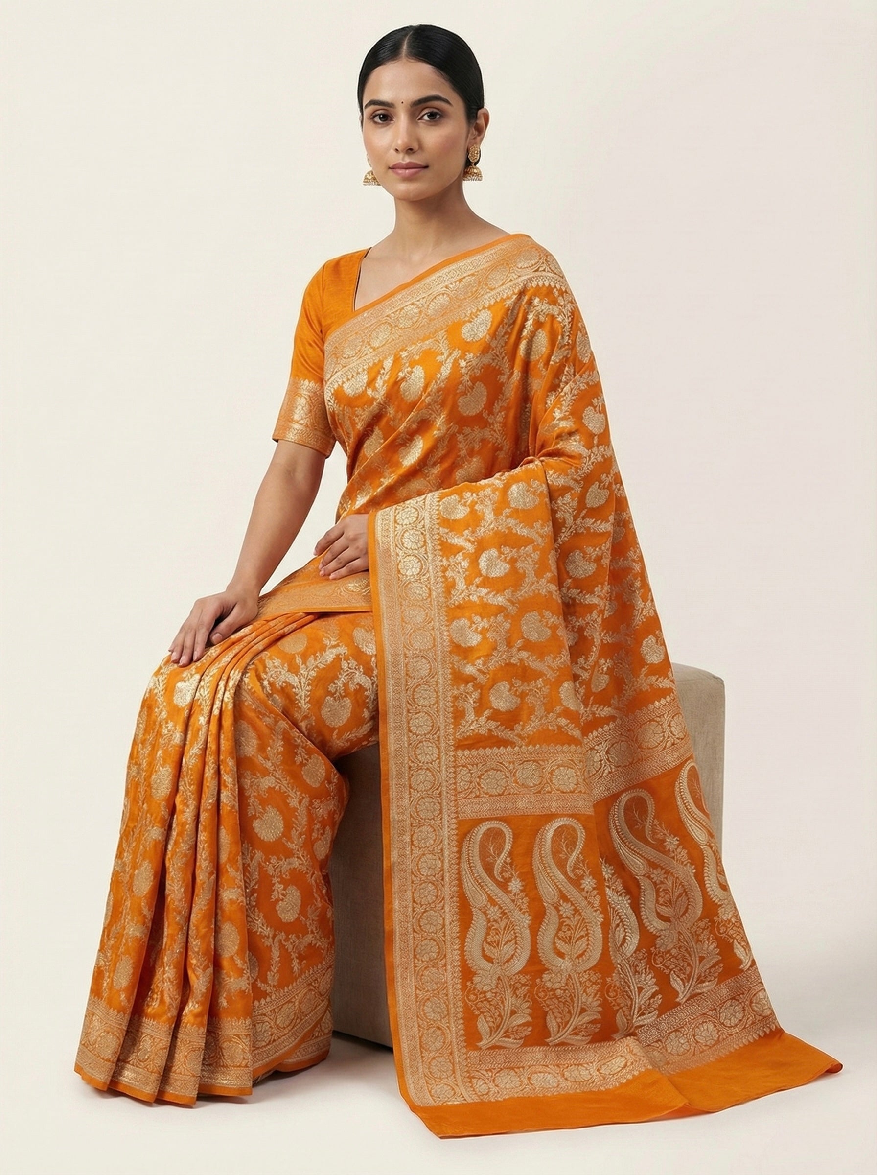 Rust Orange Banarasi Mashru Katan Silk Saree