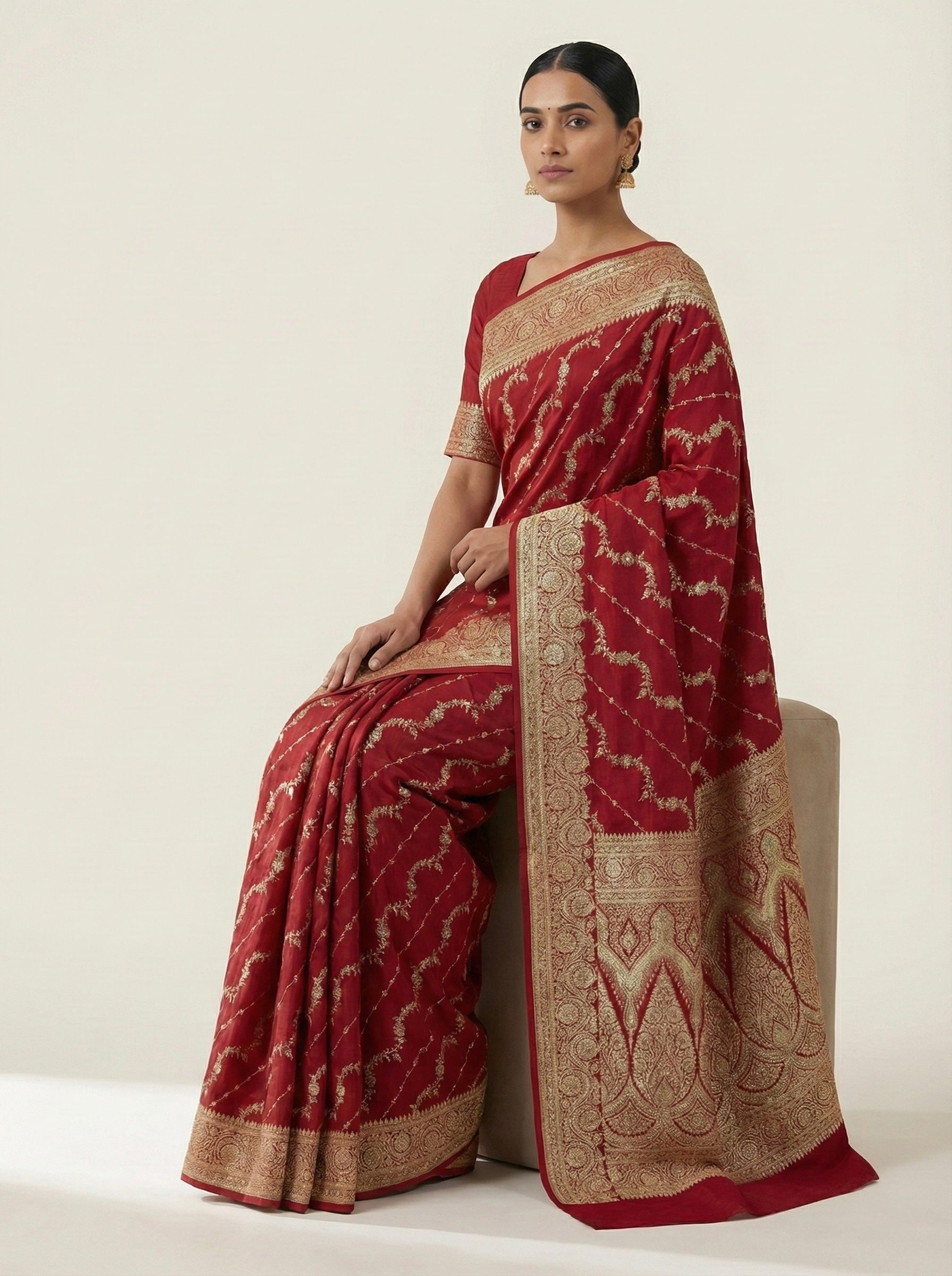 Deep Red Banarasi Mashru Katan Silk Saree