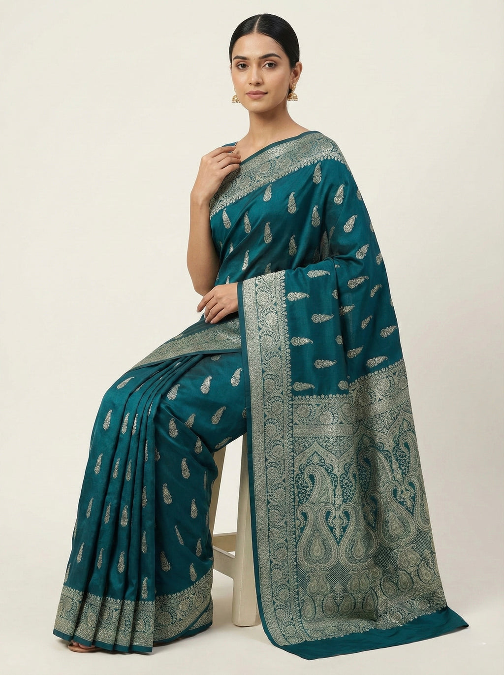 Peacock Teal Banarasi Mashru Katan Silk Saree