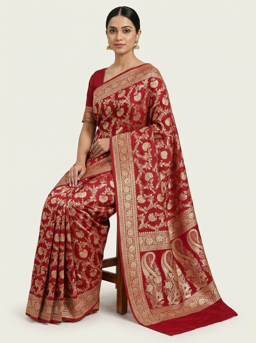 Crimson Red Banarasi Mashru Katan Silk Saree