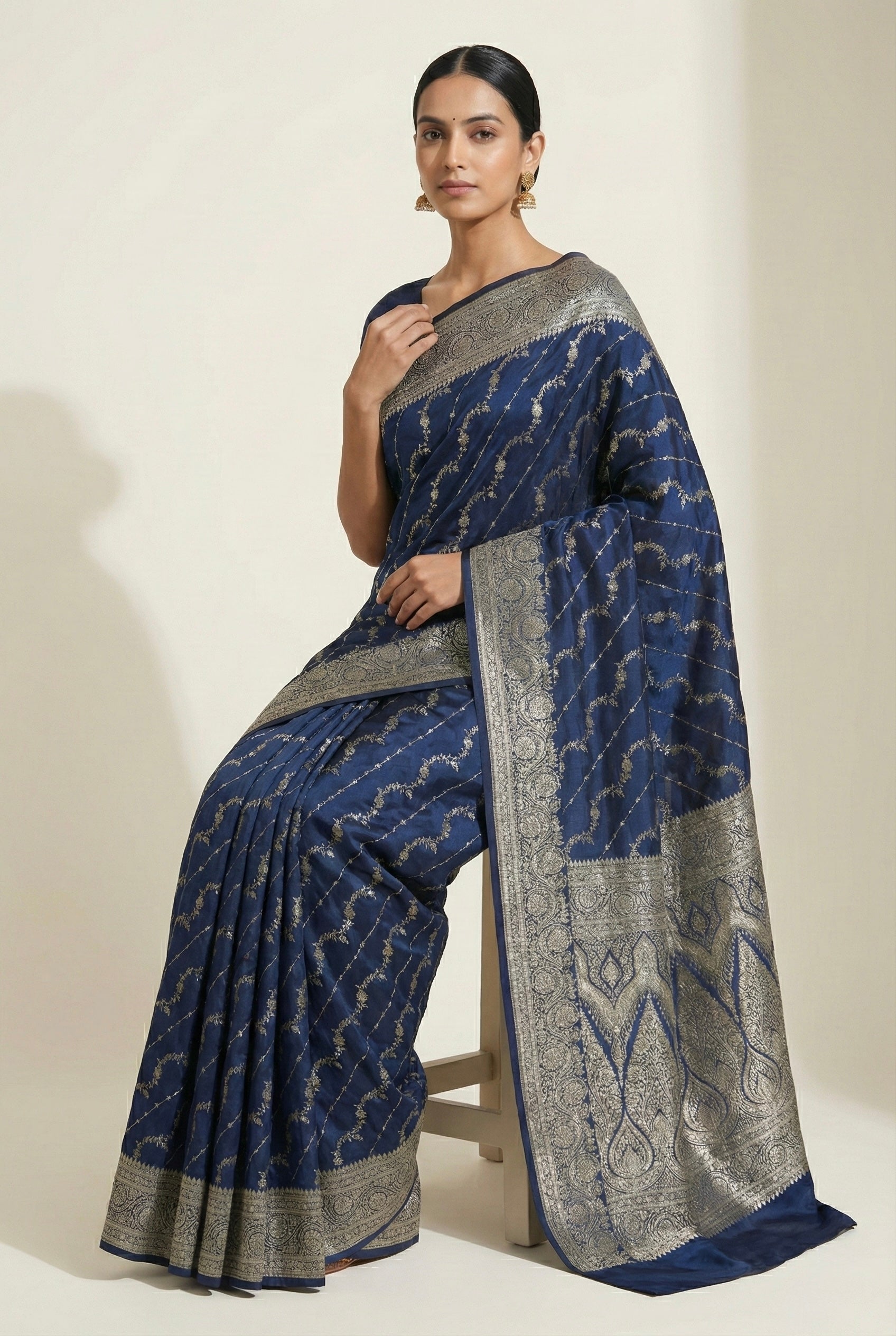Navy Blue Banarasi Mashru Katan Silk Saree