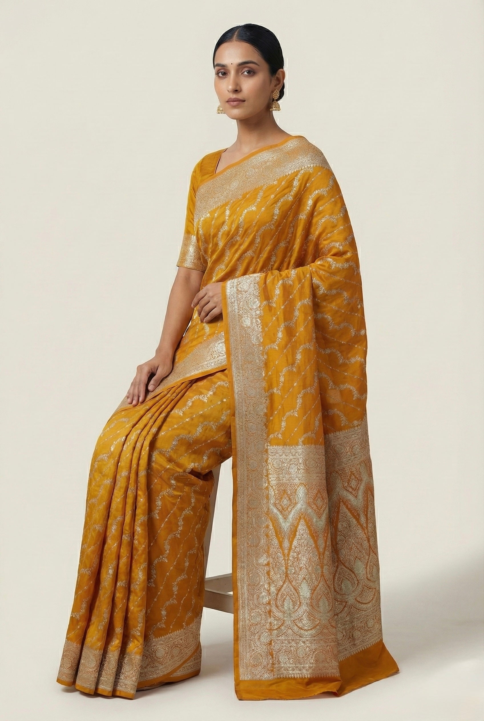Mustard Yellow Banarasi Mashru Katan Silk Saree