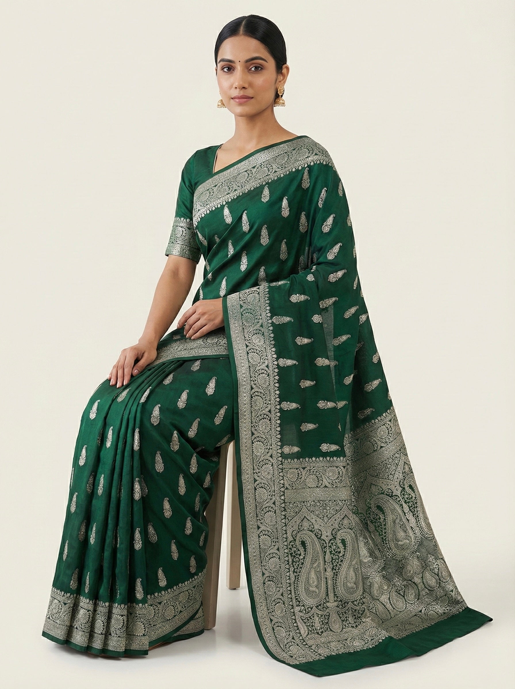 Deep Emerald Green Banarasi Mashru Katan Silk Saree