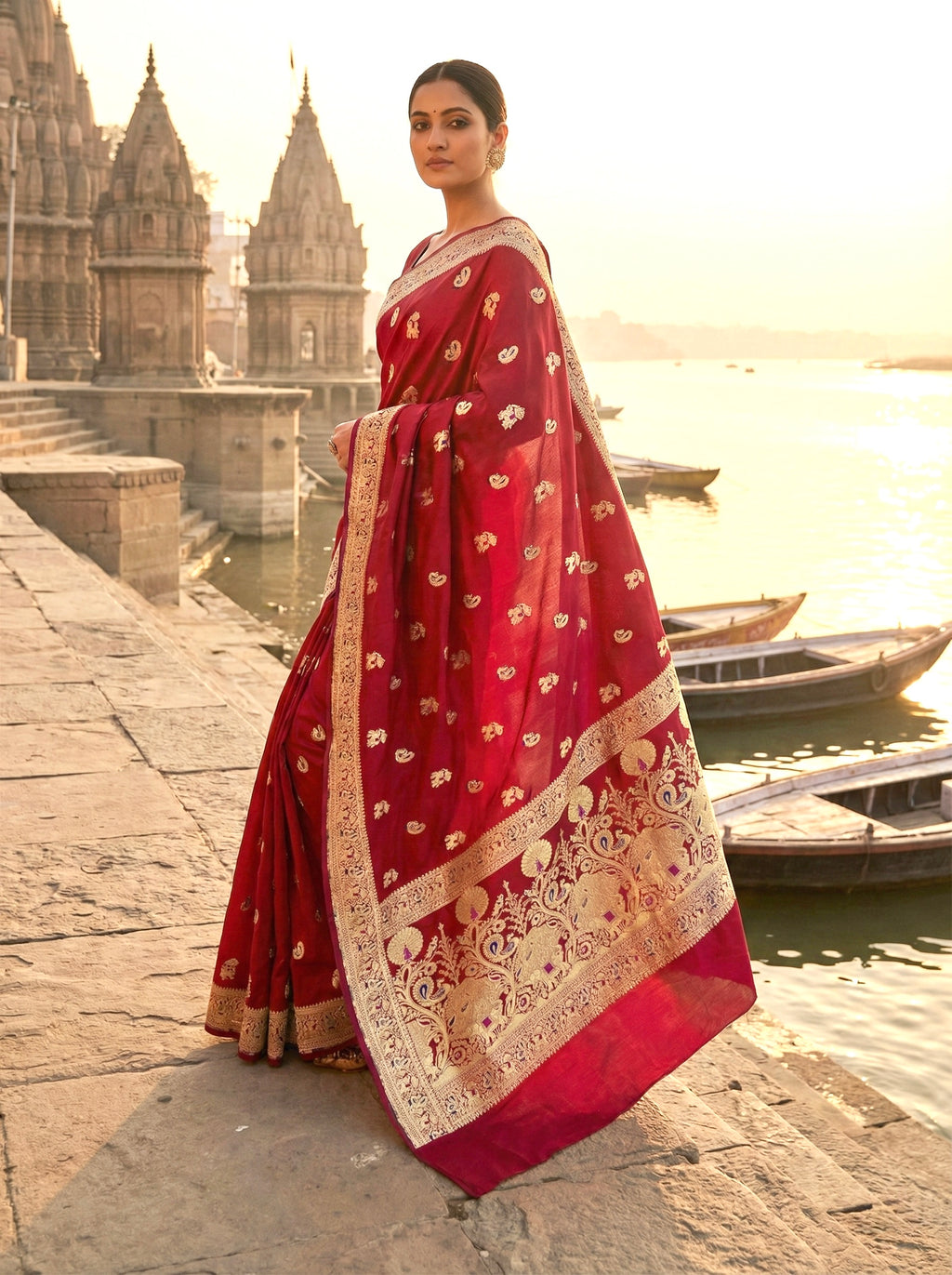 Handwoven Maron Banarasi Ahinsa Silk Saree