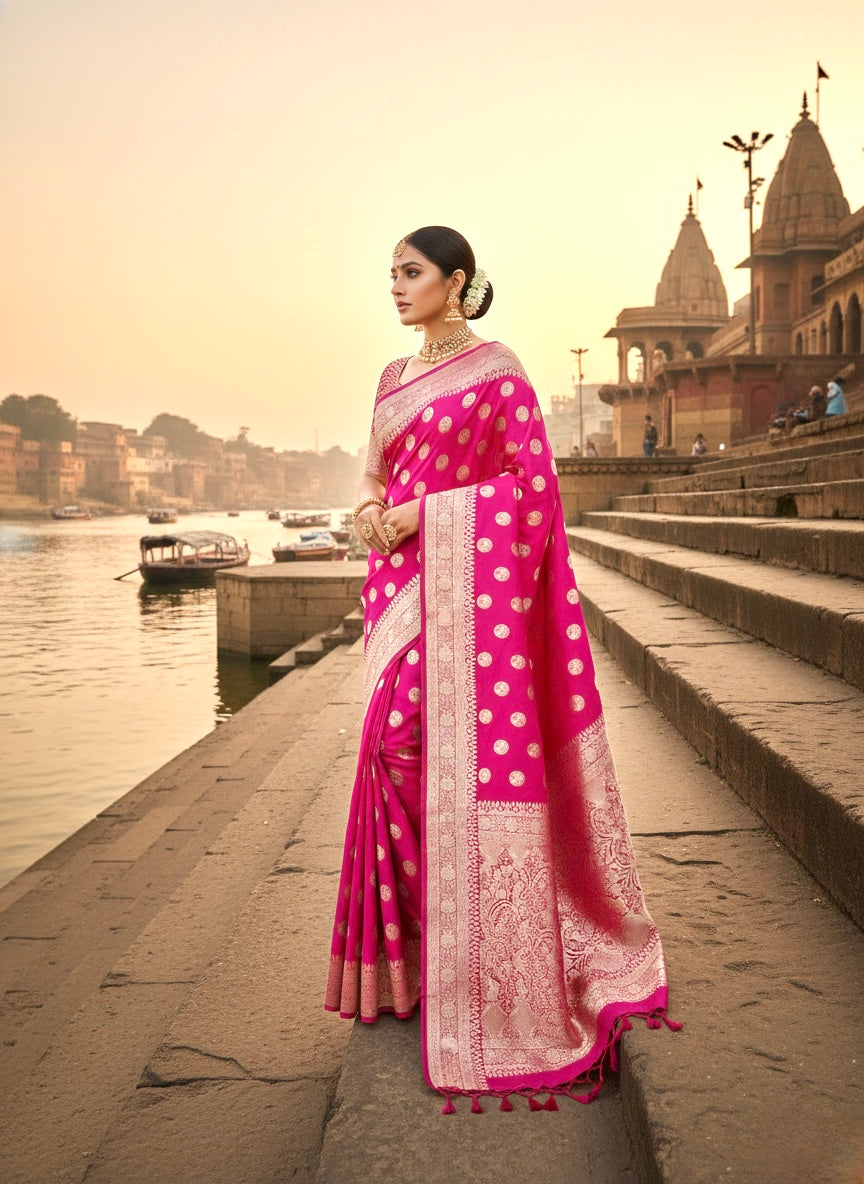 Handwoven Rani Pink Banarasi Ahinsa Silk Saree