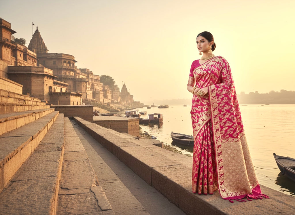 Handwoven Pink Banarasi Ahinsa Silk Saree