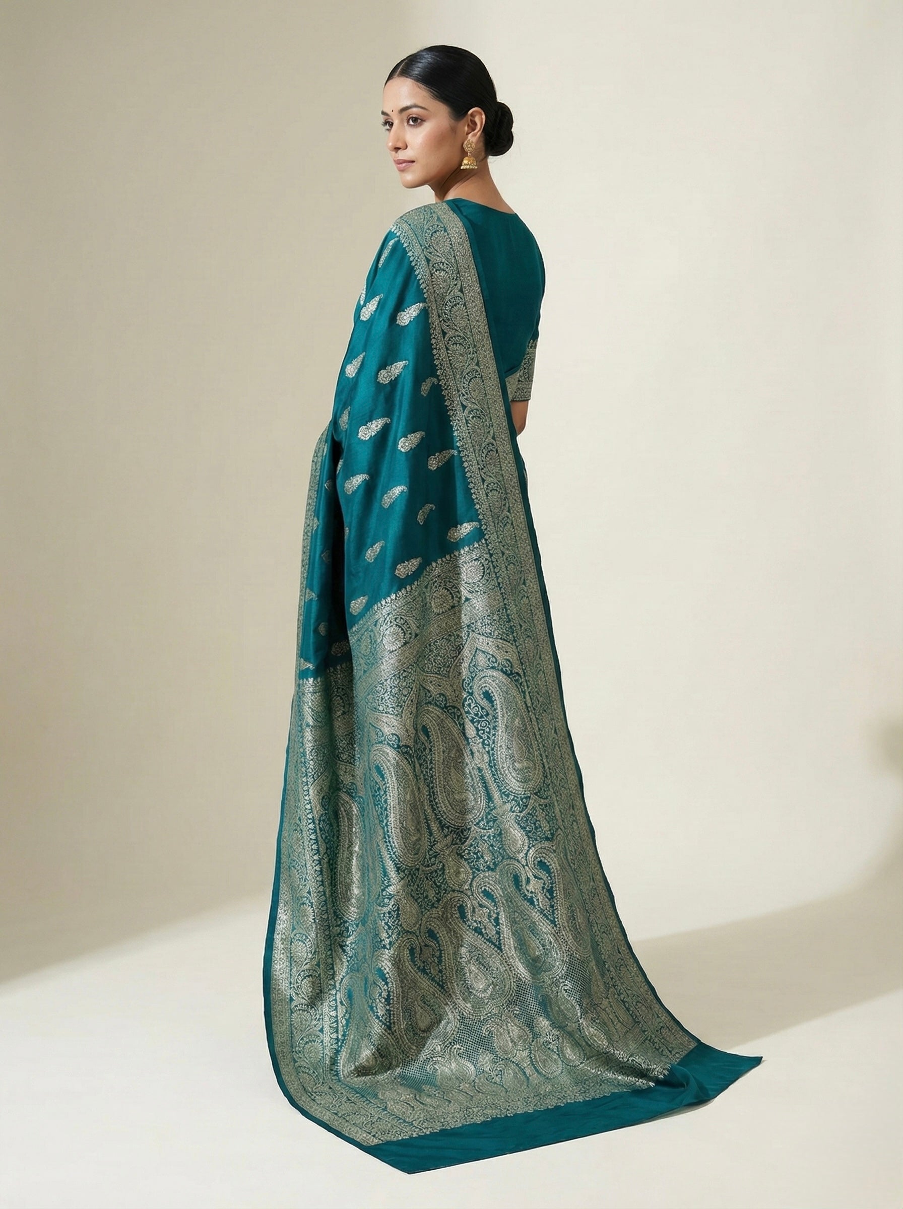 Peacock Teal Banarasi Mashru Katan Silk Saree