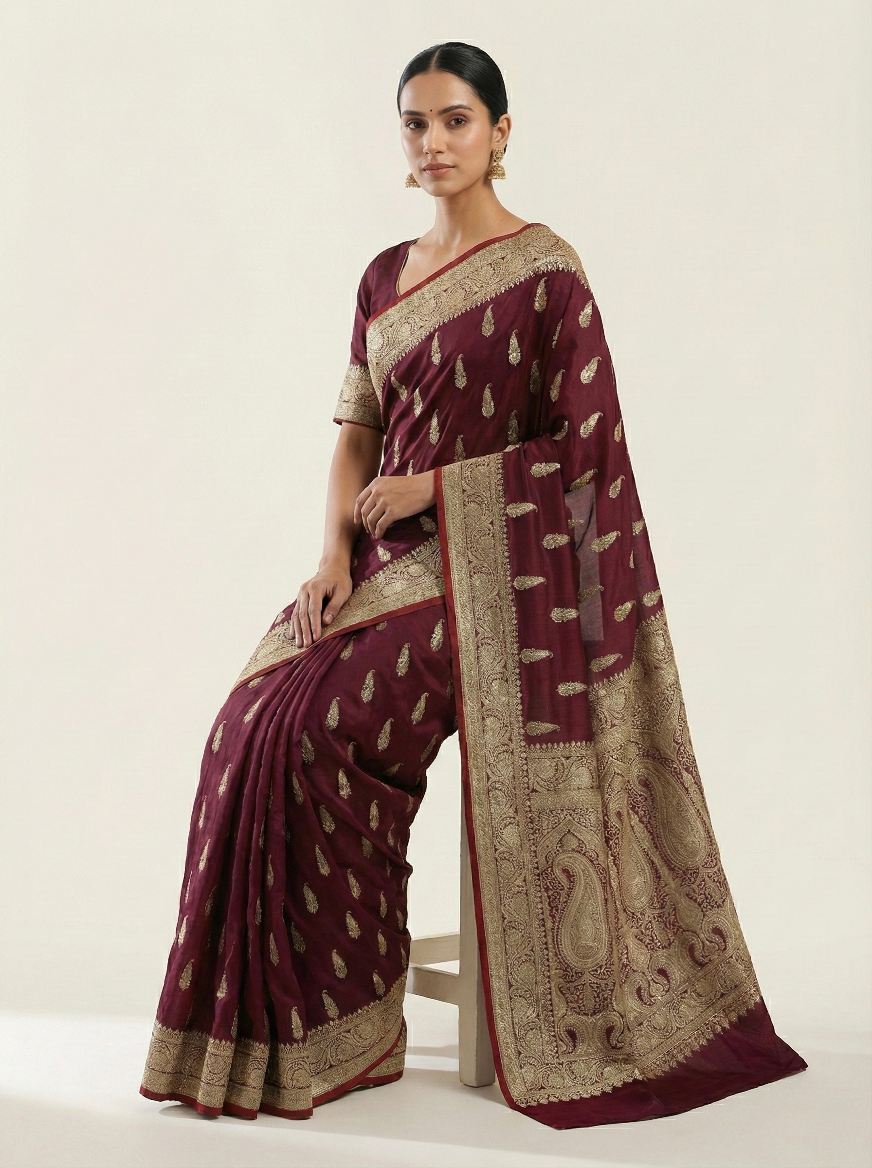 Wine Maroon Banarasi Mashru Katan Silk Saree