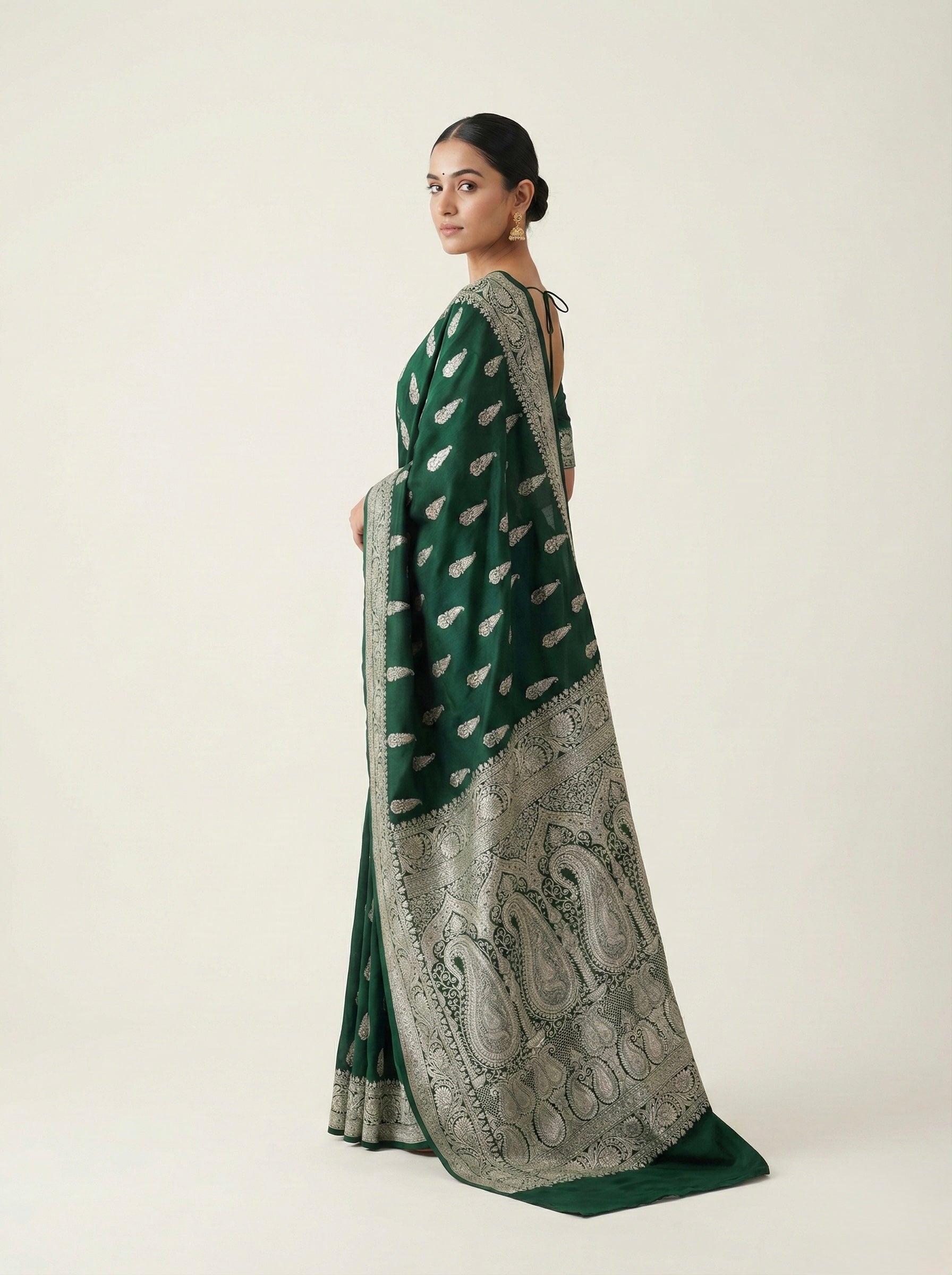Deep Emerald Green Banarasi Mashru Katan Silk Saree
