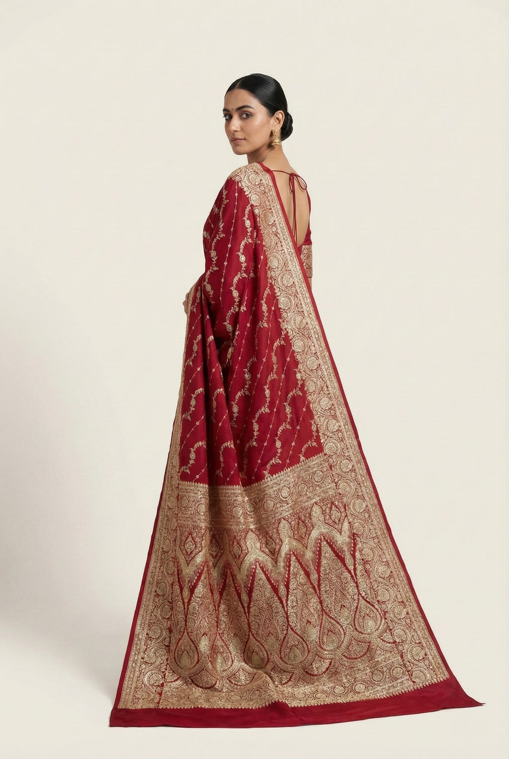 Deep Red Banarasi Mashru Katan Silk Saree