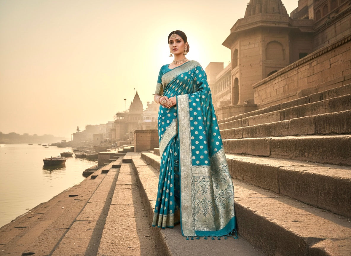 Handwoven Teal Blue Banarasi Ahinsa Silk Saree