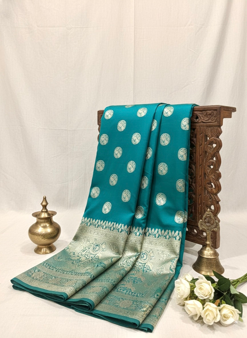 Handwoven Teal Blue Banarasi Ahinsa Silk Saree