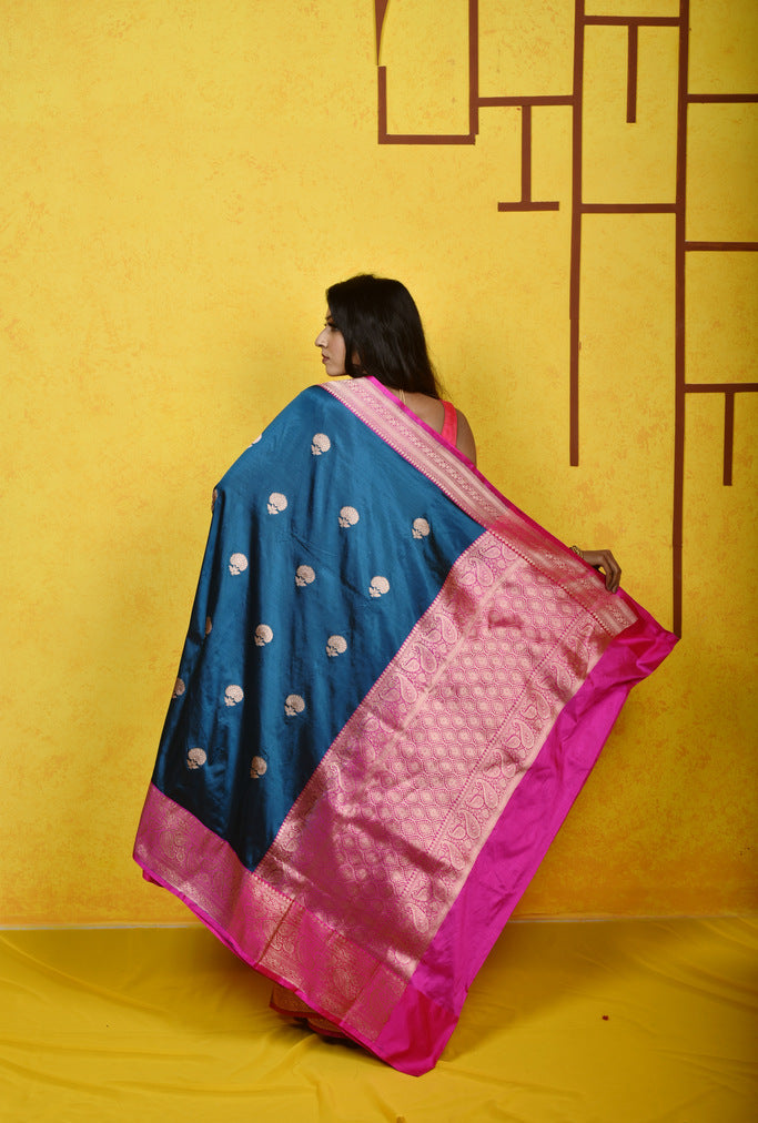German  Blue Katan Silk Handwoven Banaras Saree