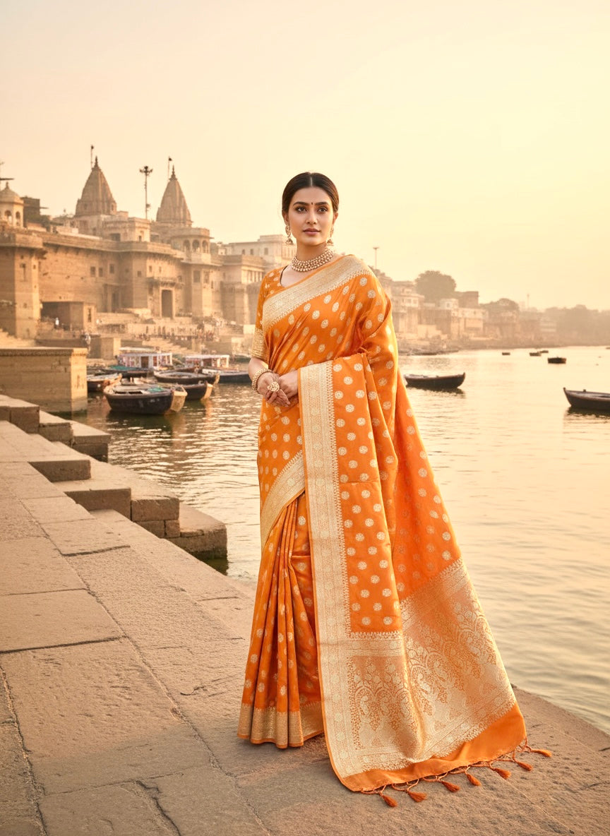 Handwoven Orange Banarasi Ahinsa Silk Saree