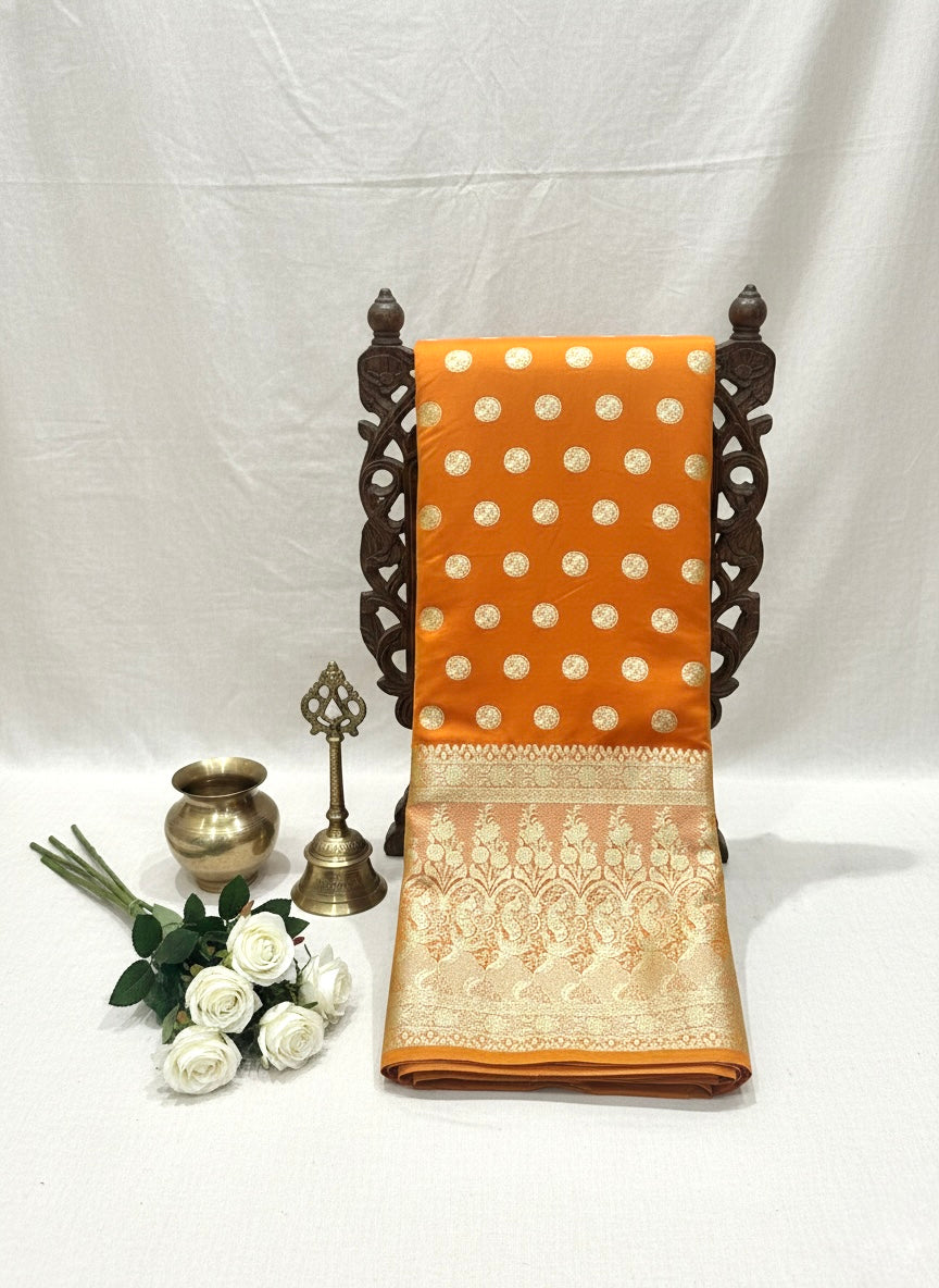 Handwoven Orange Banarasi Ahinsa Silk Saree