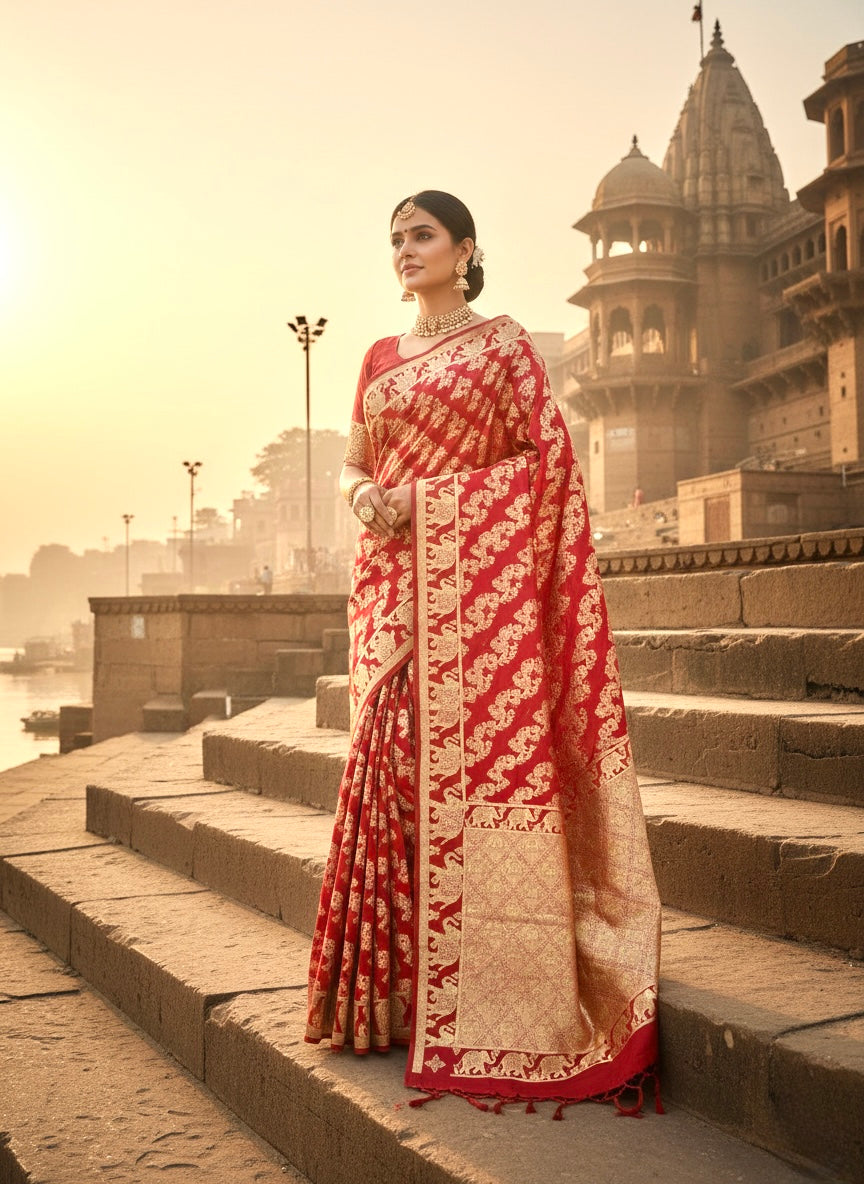 Handwoven Red Banarasi Ahinsa Silk Saree