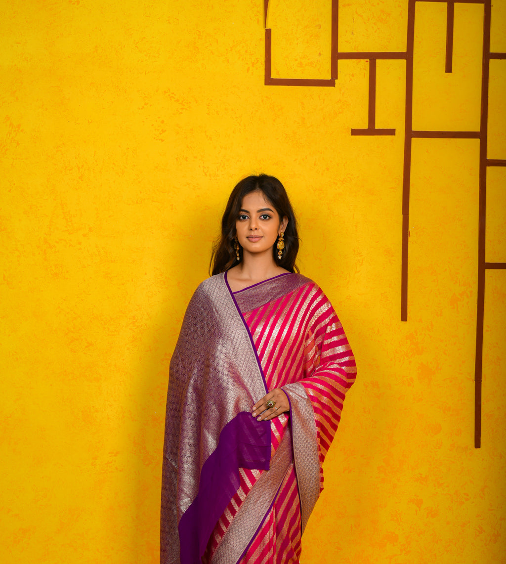 Cerise Pink  Khaddi Chiffon Silk  Handwoven Banaras Saree