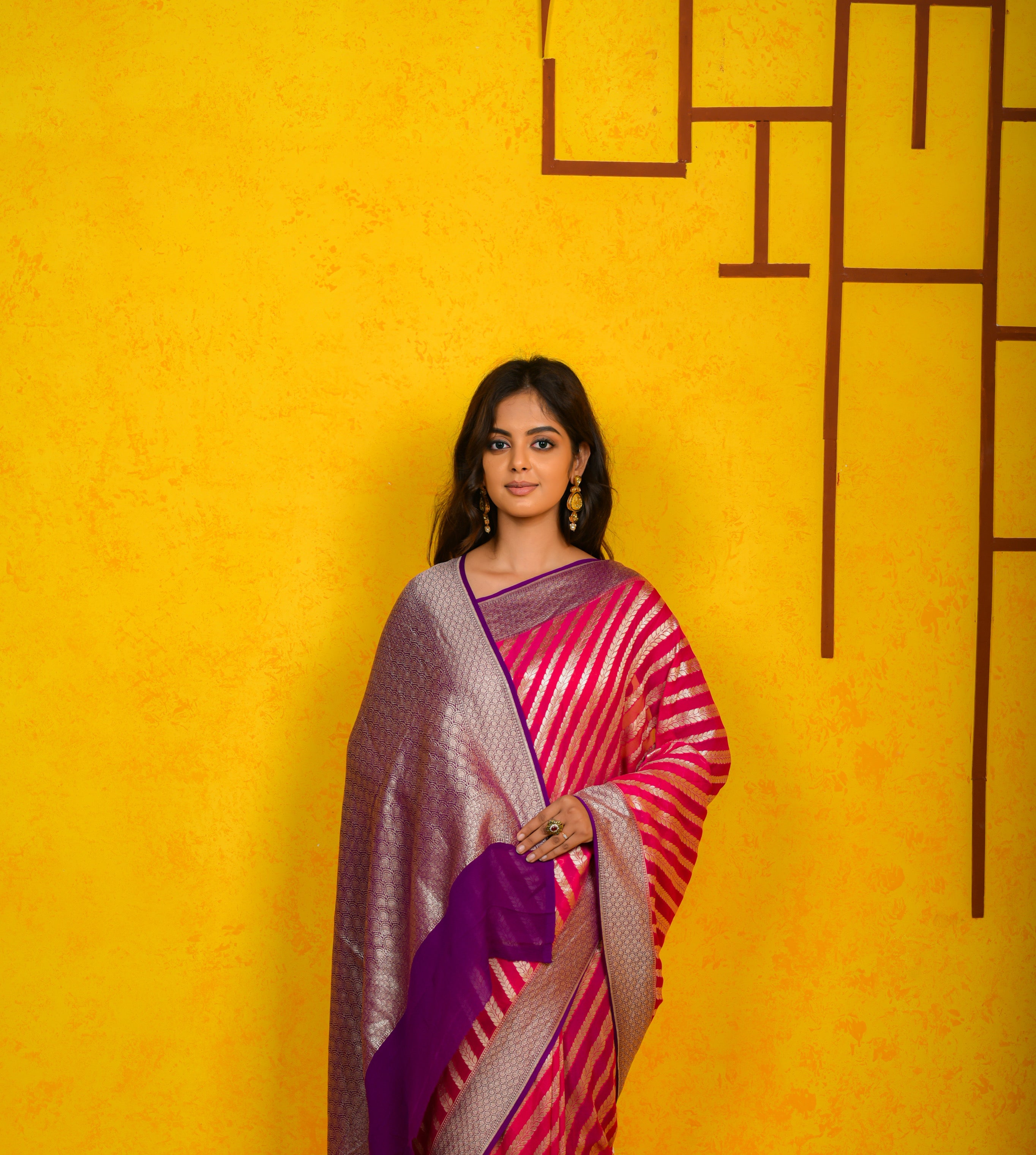 Cerise Pink  Khaddi Chiffon Silk  Handwoven Banaras Saree