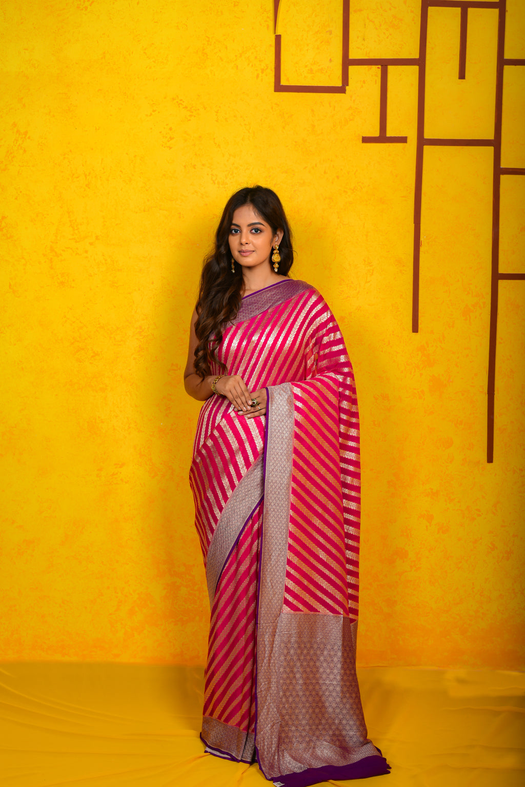 Cerise Pink  Khaddi Chiffon Silk  Handwoven Banaras Saree