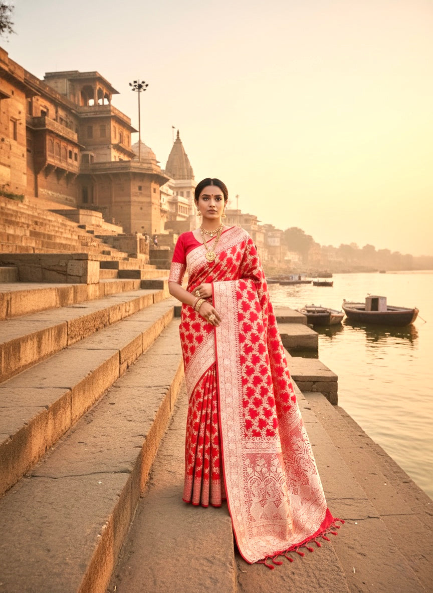 Handwoven Red Banarasi Ahinsa Silk saree