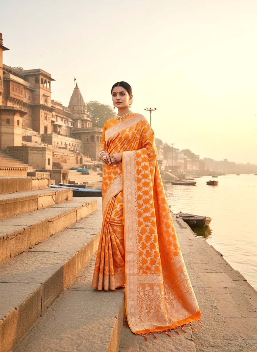 Handwoven Orange Banarasi Ahinsa Silk Saree