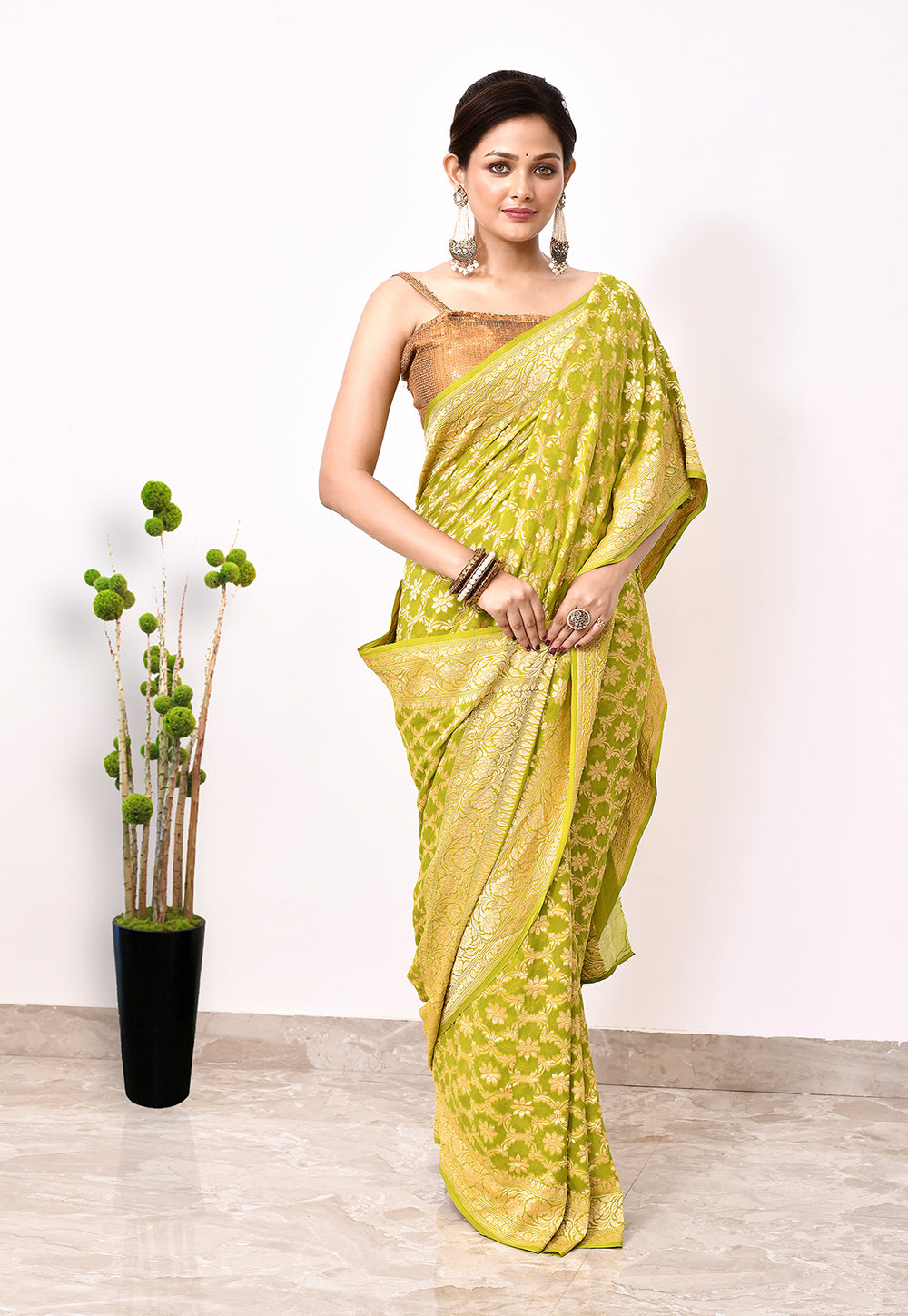 Lemon Yellow Chiffon Silk Handwoven Banaras Saree