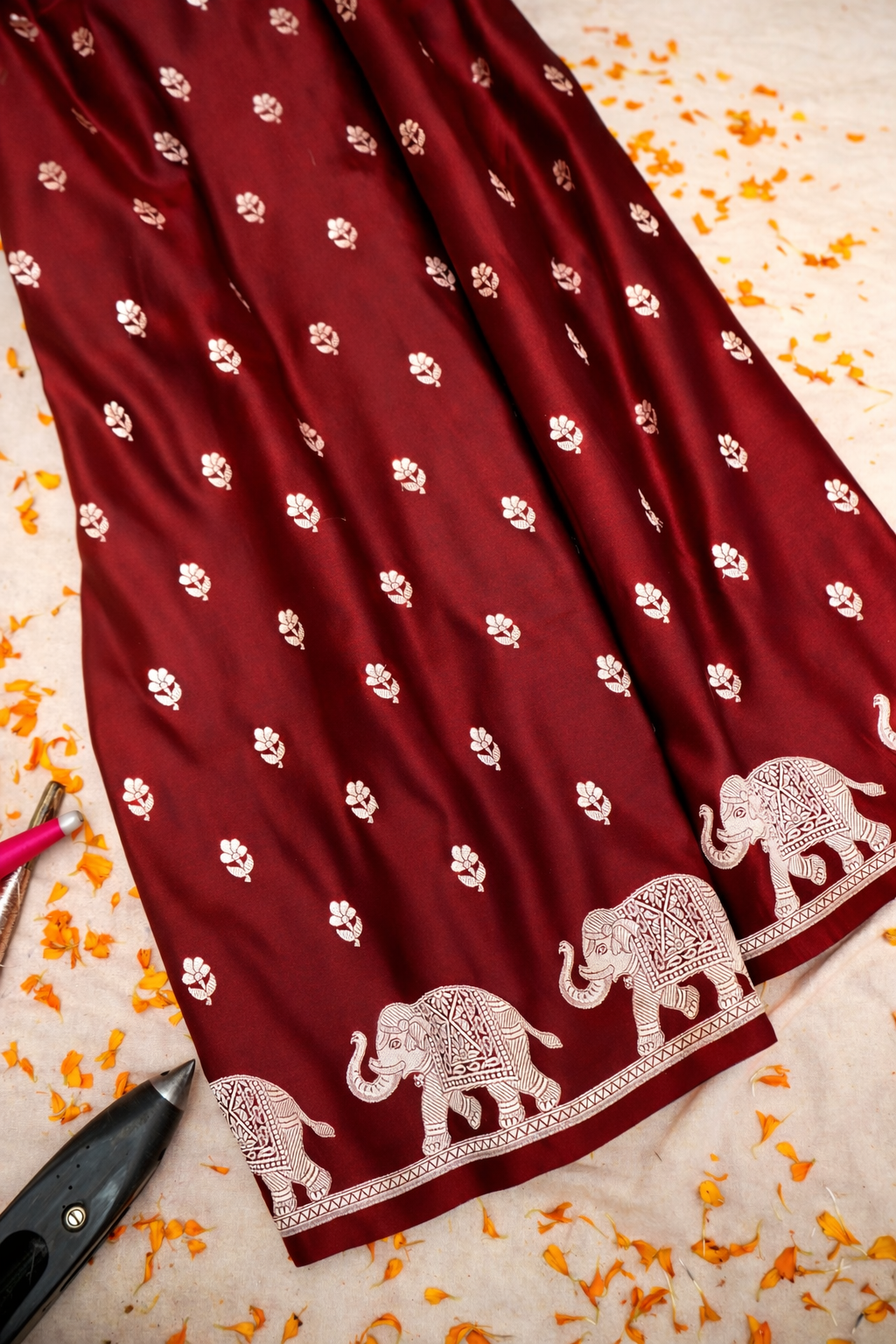 ROYAL MAROON BANARASI MASHRU KATAN SILK SAREE (ELEPHANT BORDER)