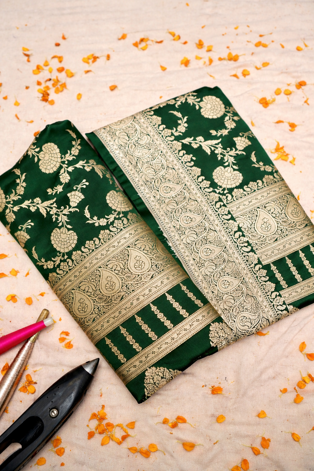 ROYAL FOREST GREEN BANARASI MASHRU KATAN SILK SAREE