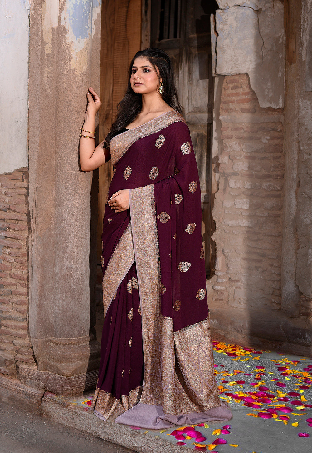 Coca Brown Pure Banarasi Crape Chiffon Silk Saree