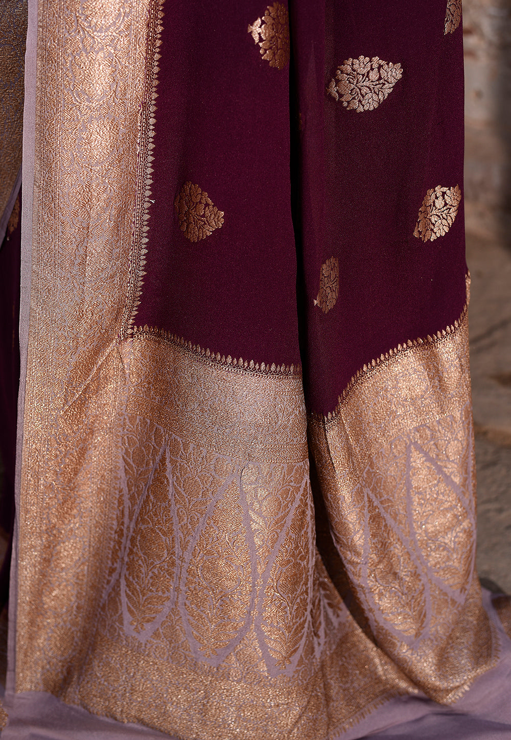 Coca Brown Pure Banarasi Crape Chiffon Silk Saree