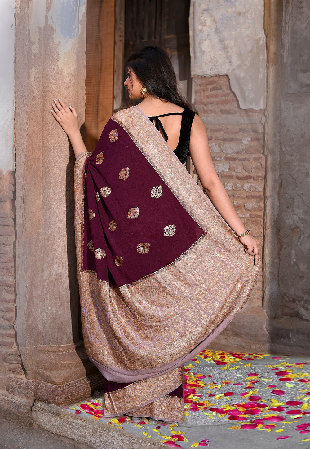 Coca Brown Pure Banarasi Crape Chiffon Silk Saree