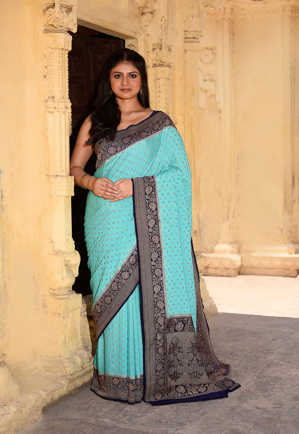 Aqua Blue Pure Banarasi Crape Chiffon Silk Saree