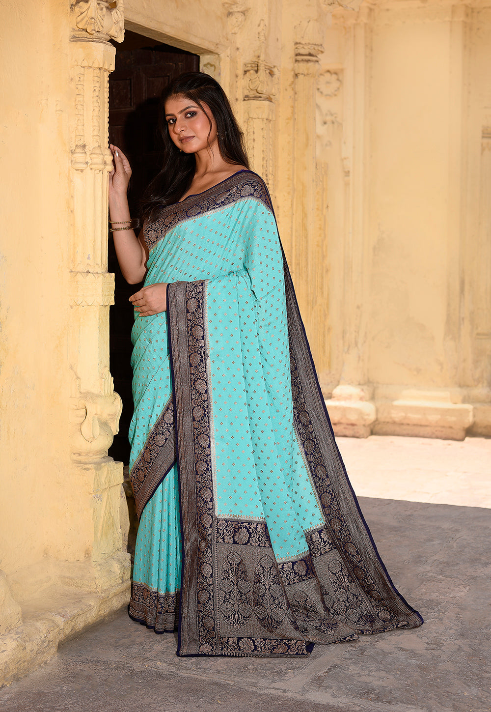 Aqua Blue Pure Banarasi Crape Chiffon Silk Saree