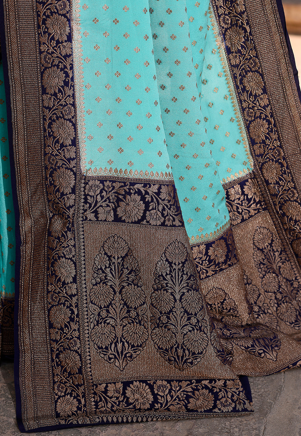 Aqua Blue Pure Banarasi Crape Chiffon Silk Saree