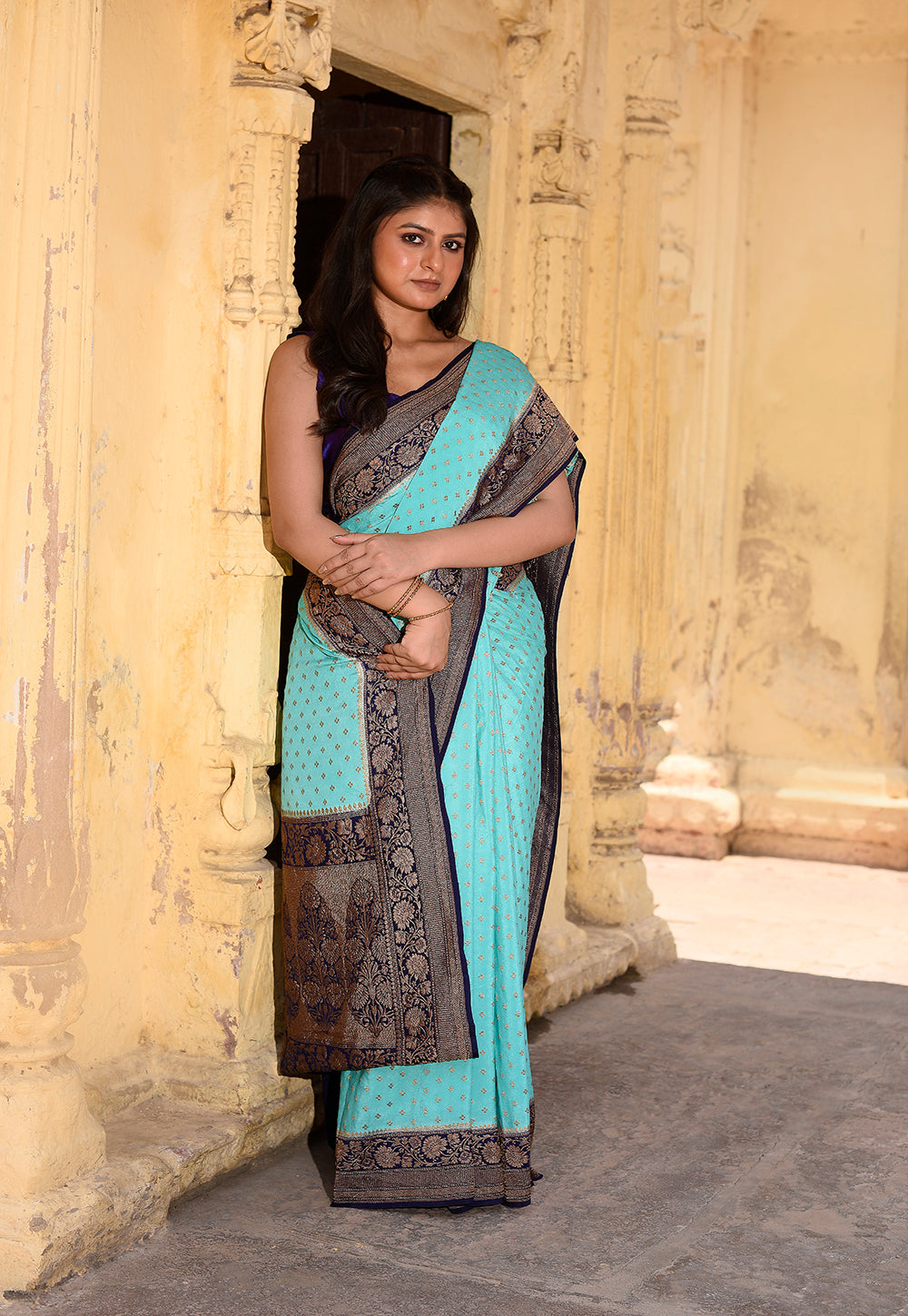 Aqua Blue Pure Banarasi Crape Chiffon Silk Saree