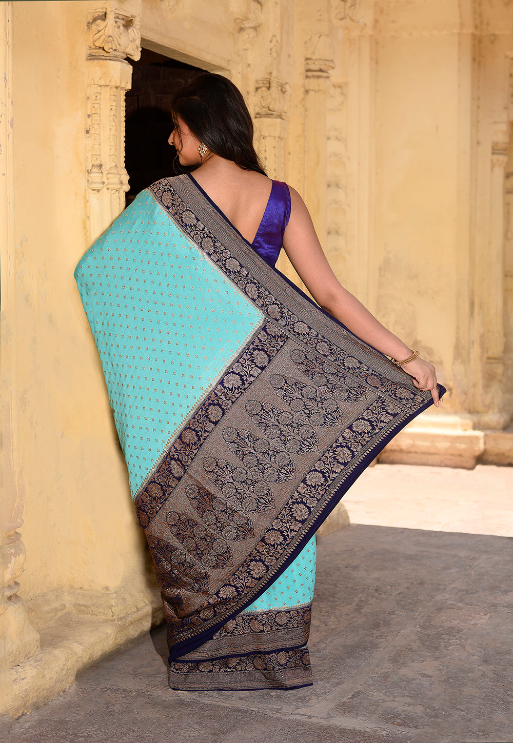 Aqua Blue Pure Banarasi Crape Chiffon Silk Saree