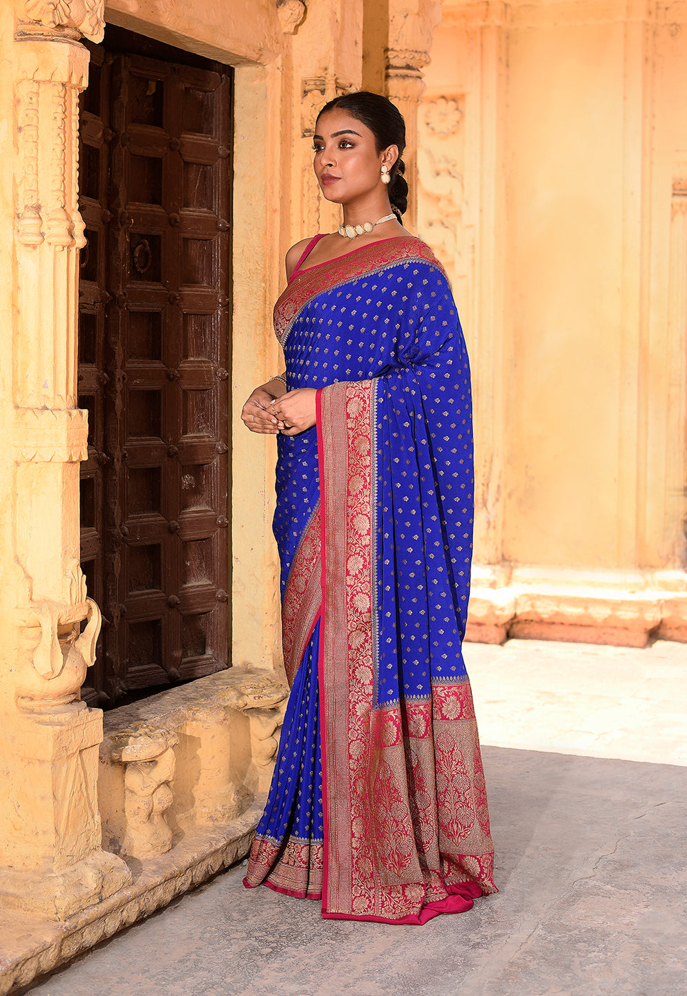 Royal Blue Pure Banarasi Crape Chiffon Silk Saree