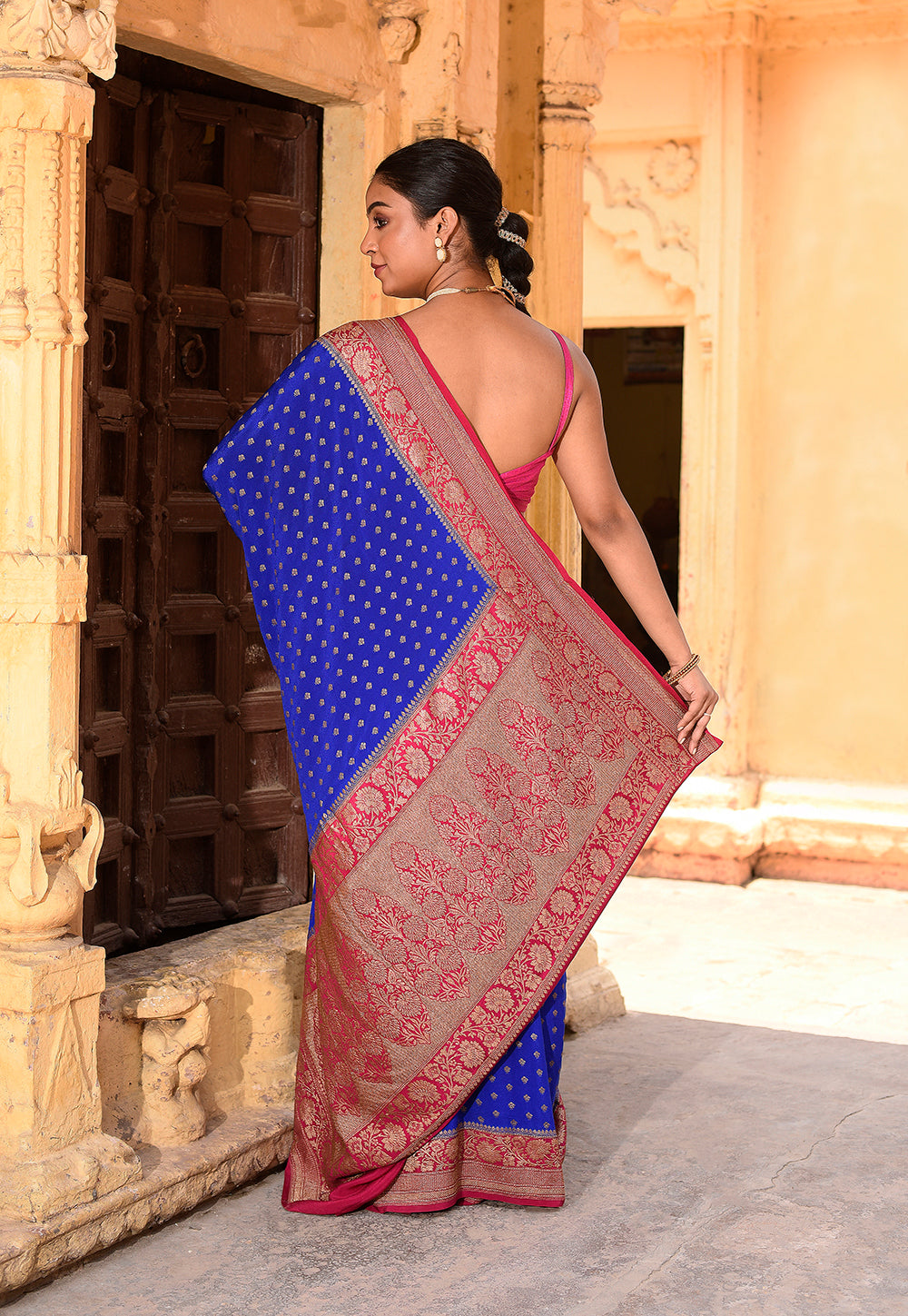 Royal Blue Pure Banarasi Crape Chiffon Silk Saree