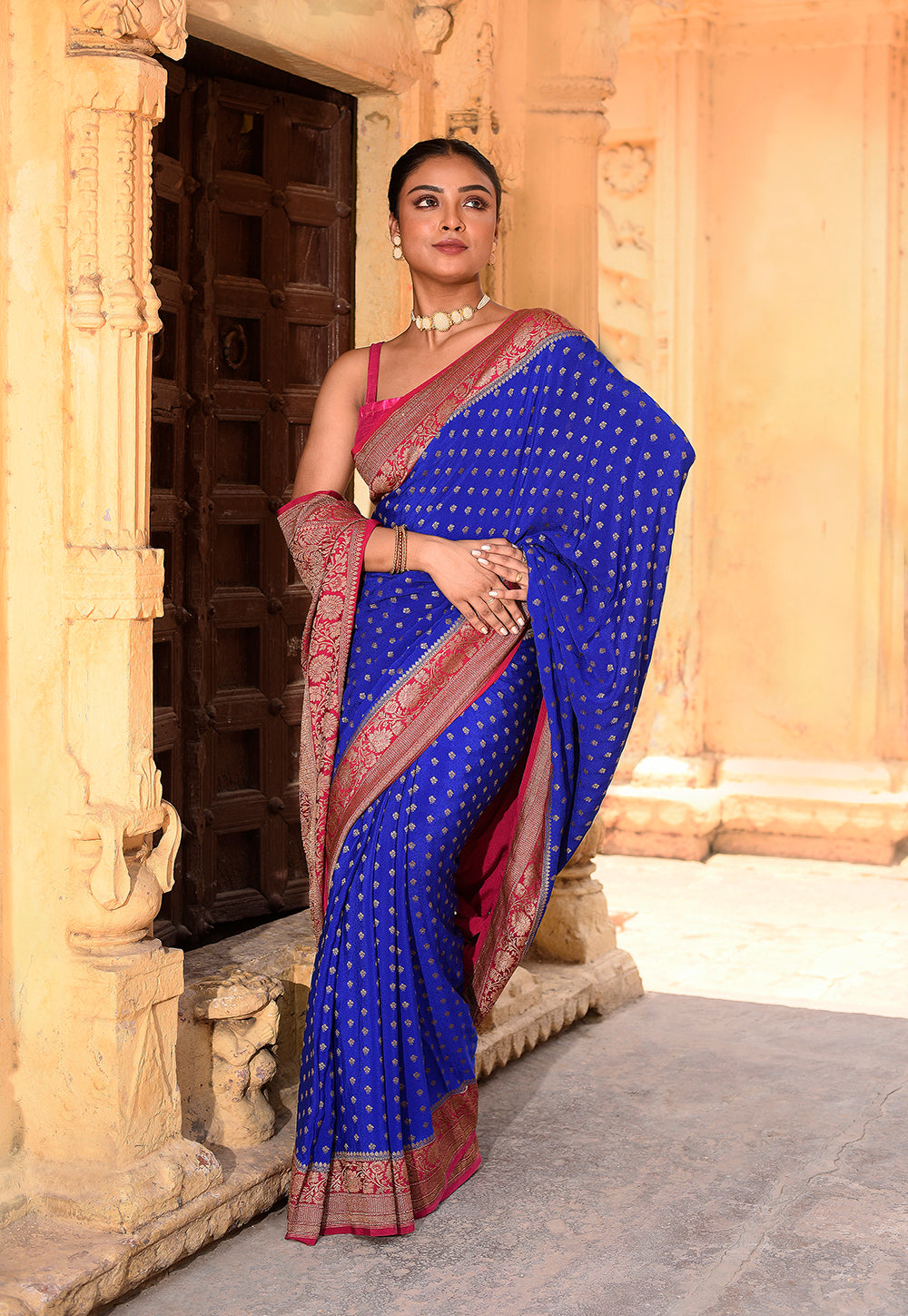 Royal Blue Pure Banarasi Crape Chiffon Silk Saree