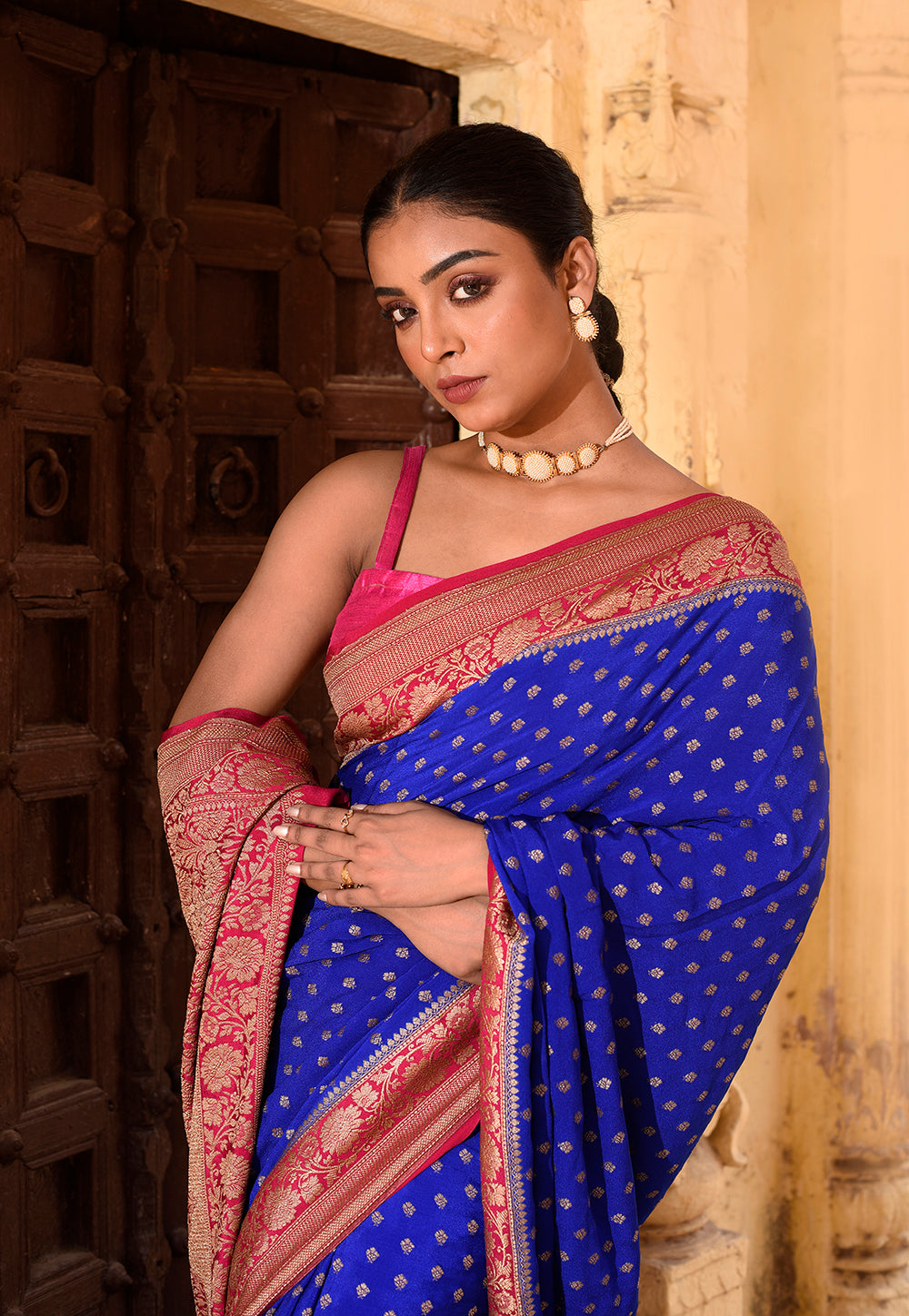 Royal Blue Pure Banarasi Crape Chiffon Silk Saree