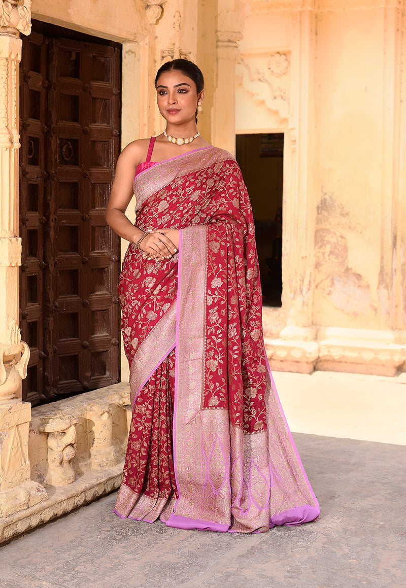 Maroon Pure Banarasi Crape Chiffon Silk Saree