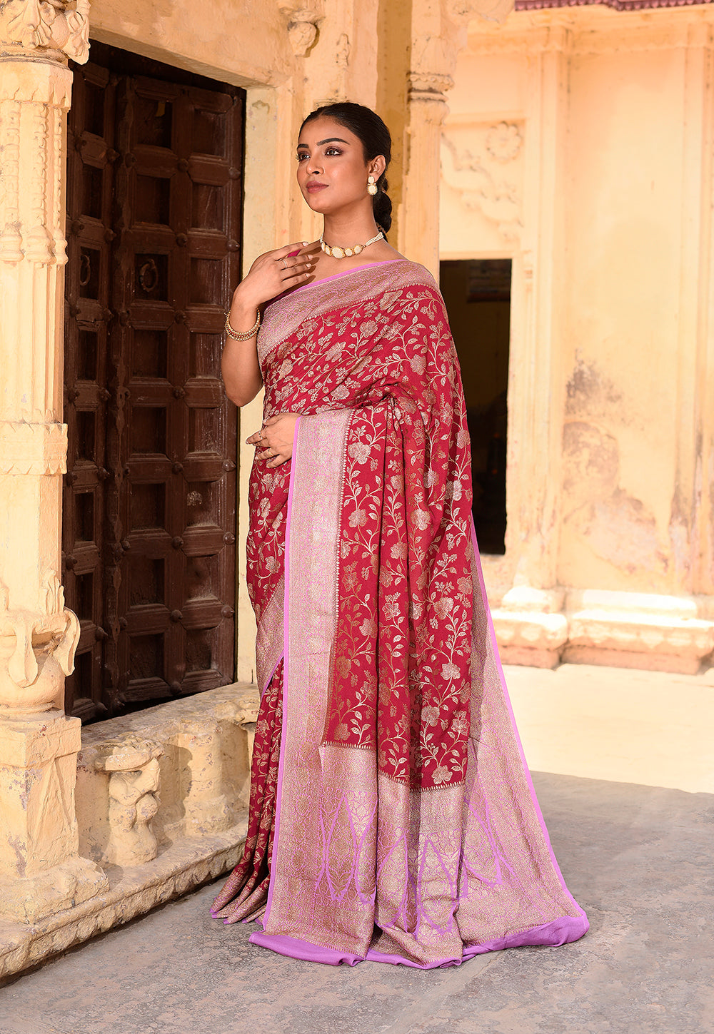 Maroon Pure Banarasi Crape Chiffon Silk Saree